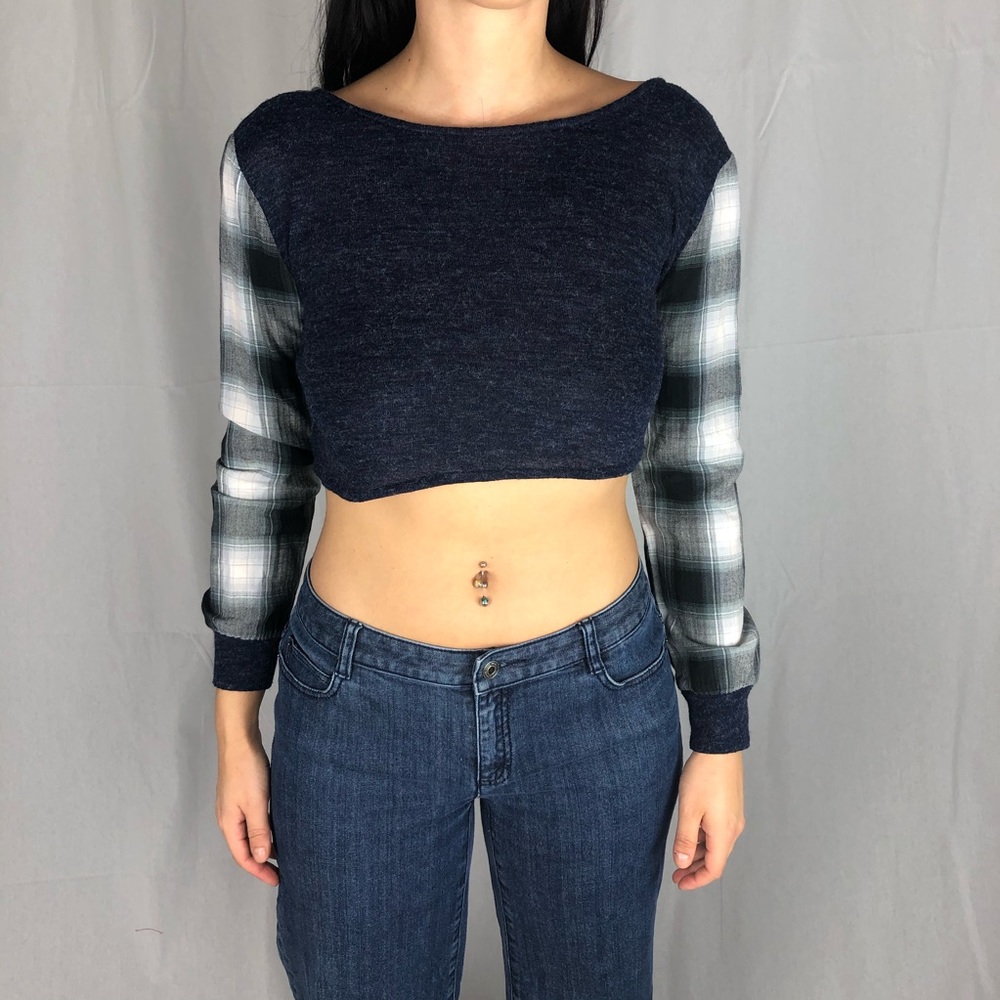 Blue Plaid Long Sleeve Crop Top